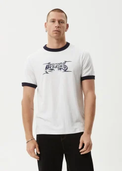 T-Shirts<Afends All Eyez  - Ringer Tee White / Deep Sea