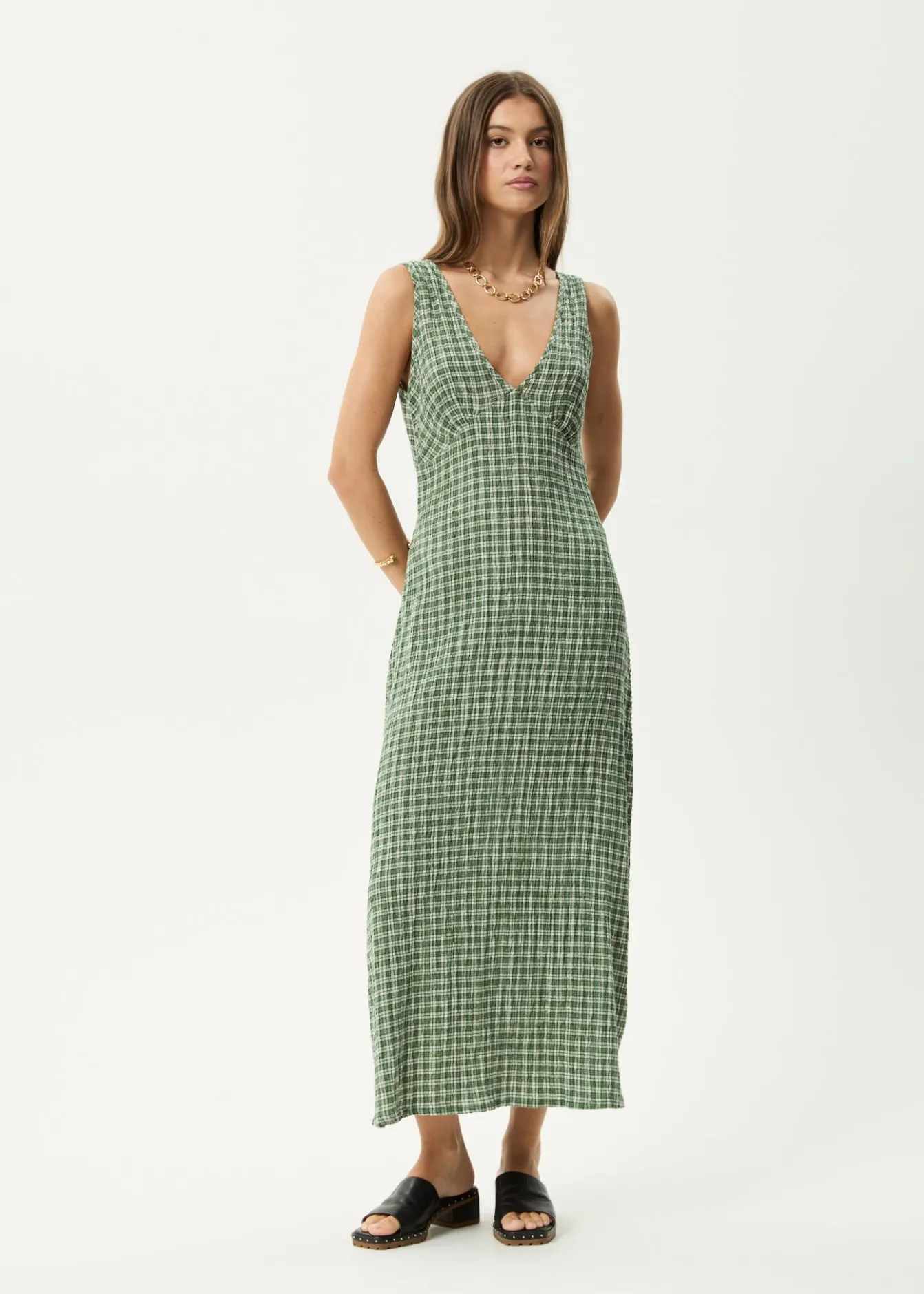 Dresses<Afends Base - Seersucker Maxi Dress Deep Green Check
