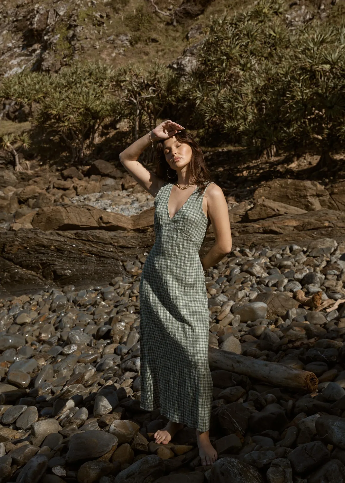 Dresses<Afends Base - Seersucker Maxi Dress Deep Green Check