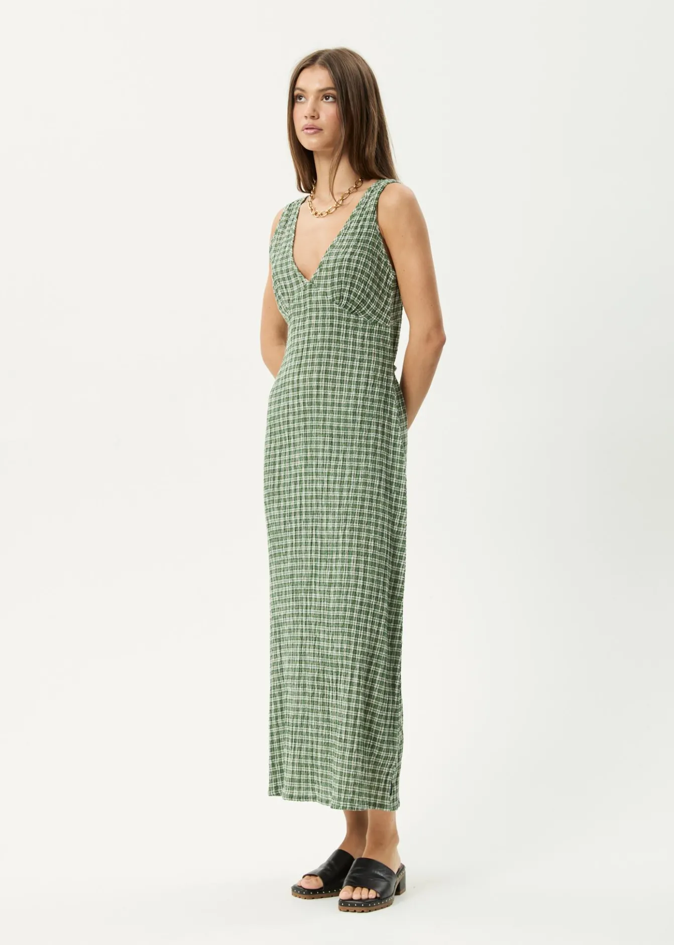 Dresses<Afends Base - Seersucker Maxi Dress Deep Green Check