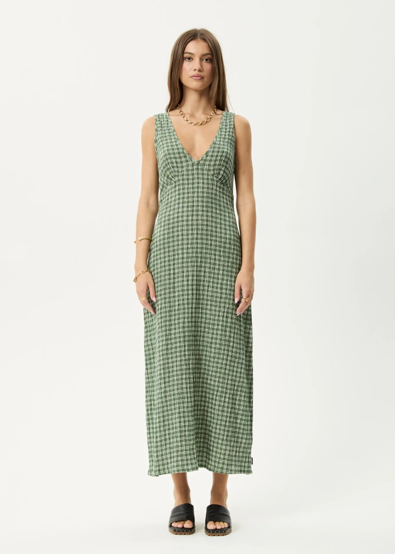 Dresses<Afends Base - Seersucker Maxi Dress Deep Green Check