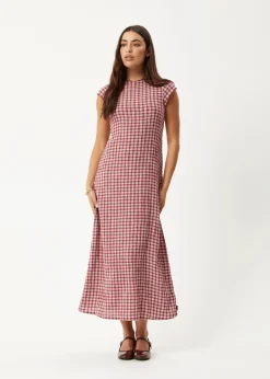 Dresses<Afends Base  - Seersucker Midi Dress Burgundy Check