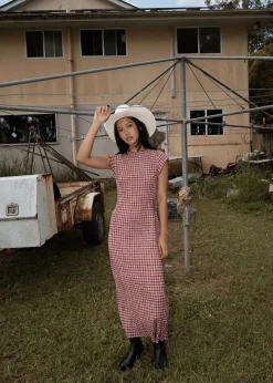 Dresses<Afends Base  - Seersucker Midi Dress Burgundy Check