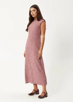 Dresses<Afends Base  - Seersucker Midi Dress Burgundy Check