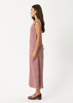 Dresses<Afends Base  - Seersucker Midi Dress Burgundy Check