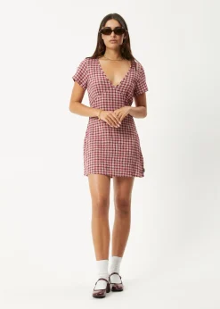 Dresses<Afends Base  - Seersucker Mini Dress Burgundy Check