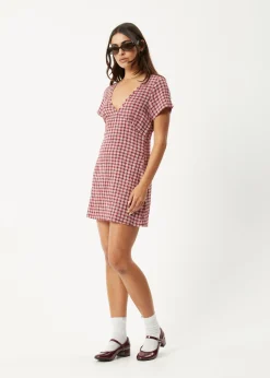 Dresses<Afends Base  - Seersucker Mini Dress Burgundy Check