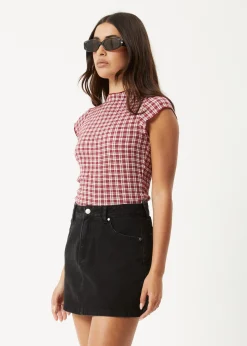 Sets & Co-Ords|Sleeveless<Afends Base  - Seersucker Mock Neck Top Burgundy Check