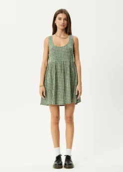 Dresses<Afends Base Jesse  - Seersucker Mini Dress Deep Green Check