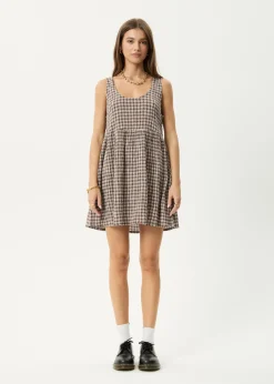 Dresses<Afends Base Jesse  - Seersucker Mini Dress Coffee Check