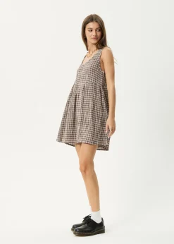 Dresses<Afends Base Jesse  - Seersucker Mini Dress Coffee Check