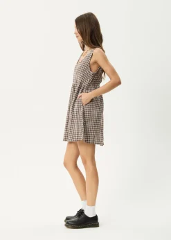 Dresses<Afends Base Jesse  - Seersucker Mini Dress Coffee Check