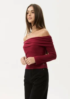 Long Sleeve<Afends Beckett  - Off-Shoulder Long Sleeve Top Burgundy