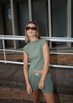 Sets & Co-Ords|Sleeveless<Afends Focus  - Seersucker Mock Neck Top Oil Green