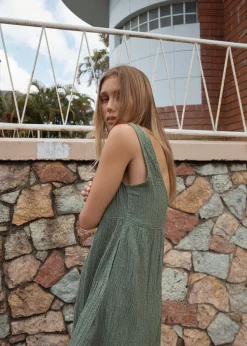 Dresses<Afends Focus Jesse  - Seersucker Mini Dress Oil Green