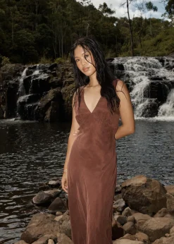 Dresses<Afends Gia  - Cupro Maxi Dress Hazelnut
