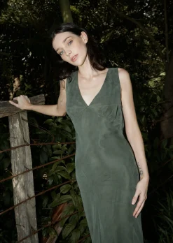 Dresses<Afends Gia  - Cupro Maxi Dress Deep Green
