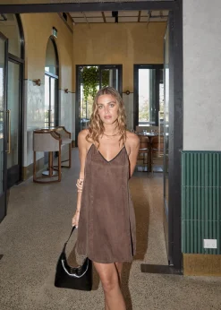 Dresses<Afends Giselle  - Cupro Mini Dress Coffee