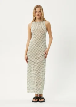 Dresses<Afends Glasshouse  - Sheer Maxi Dress Sand Checker