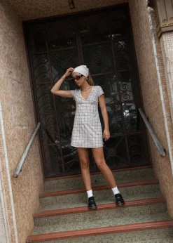 Dresses<Afends Leo  - Seersucker Mini Dress Coffee / White