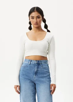 Long Sleeve|Essentials<Afends Milla  - Rib Long Sleeve Cropped Top Off White