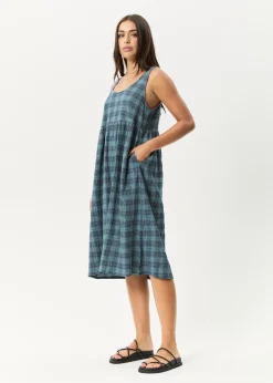 Dresses<Afends Position - Seersucker Midi Dress Navy Check