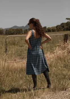 Dresses<Afends Position - Seersucker Midi Dress Navy Check