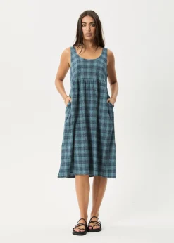 Dresses<Afends Position - Seersucker Midi Dress Navy Check