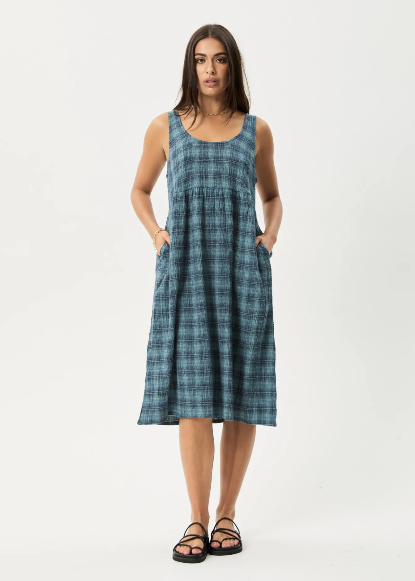 Dresses<Afends Position - Seersucker Midi Dress Navy Check