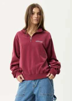 Sweaters & Hoodies|Outerwear<Afends Quartz Zip  - Raglan Quarter Zip Crew Washed Burgundy
