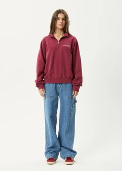 Sweaters & Hoodies|Outerwear<Afends Quartz Zip  - Raglan Quarter Zip Crew Washed Burgundy