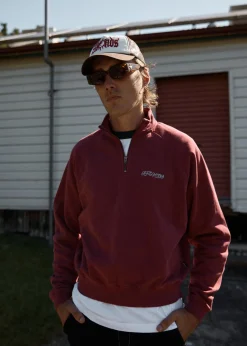 Sweaters & Hoodies|Outerwear<Afends Quartz Zip  - Raglan Quarter Zip Crew Washed Burgundy