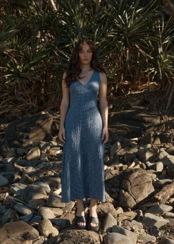 Dresses<Afends Shipwreck  - Seersucker Maxi Dress Marlin